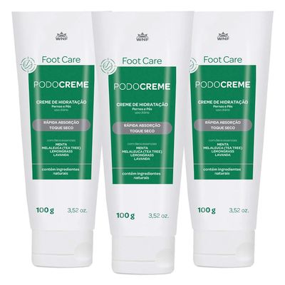 wnf-kit-3x-podocreme-foot-care-creme-hidratacao-rapida-absorcao-toque-seco-menta-melaleuca-lemongrass-lavanda-100g